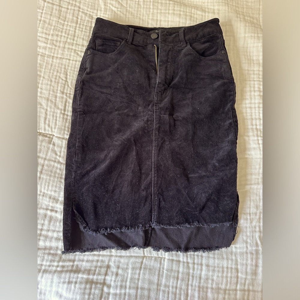 Black Label corduroy pencil skirt. High low, distressed hem.
